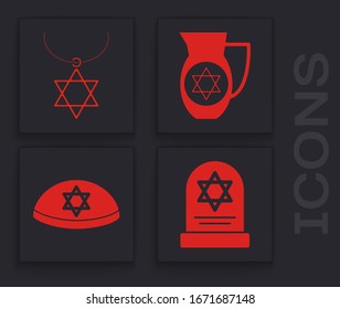 star of david on a tombstone and necklace on chain. Decanter with star of david and Jewish kippah with star of david icon. Vector