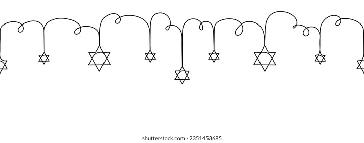 Estrella de David una línea continua de garland sin fisuras de frontera. Magen hebreo, Escudo de David. Símbolo judío tradicional. Banner mínimo de Hanukkah con espacio para copiar. Ilustración del vector aislada en blanco