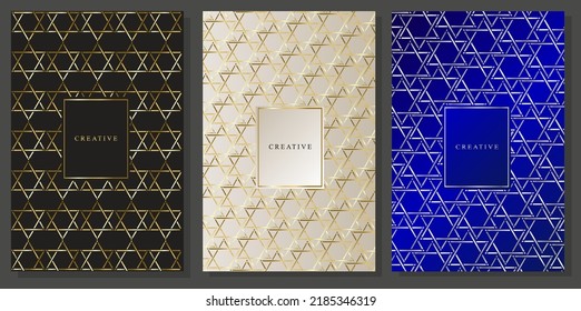 Star of David pattern, luxury cover set. Jewish Israeli symbol on black, platinum and blue background. Repeating and seamless texture.