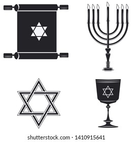 Star of David, Scroll, Cup, Minor with seven candles - isolated on white background - vector. Hanukkah. Religion. Tradition.
