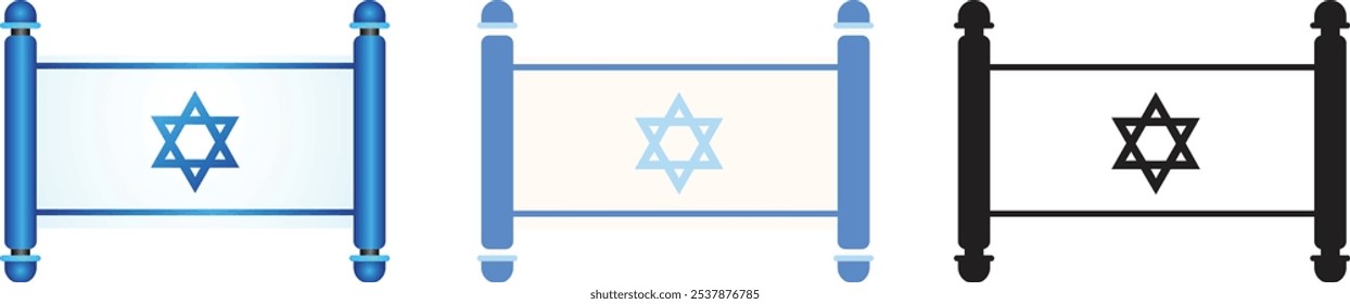 Estrella de David icono de desplazamiento. Ilustración de la bandera de Israel. Libro sagrado de la Torá