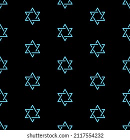 Star of david seamless pattern, bright vector illustration on black background.