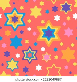 Star of David seamless pattern in bright colours on red background Vector illustration for Hanukkah holiday, wrapping paper, textile, fabric and packaging decoration
