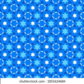 Star of David seamless pattern, texture, background. Traditional jewish ornament in blue colors. Symbol of Israel. Modern vector design for greeting cards, textile print, wallpaper, wrapping paper.