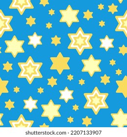 Star of David seamless pattern vector illustration in bright yellow and blue colours for Hanukkah holiday wrapping paper, textile, fabric and packaging decoration