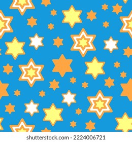 Star of David seamless pattern vector illustration in bright yellow, orange and blue colours for Hanukkah holiday wrapping paper, textile, fabric and packaging decoration