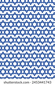 Star of David. Seamless vector pattern. Repeating pattern of blue six-pointed stars. Isolated colorless background. The symbol depicted on the Israeli flag. Idea for web design.