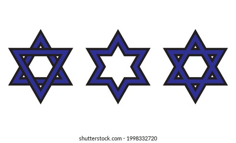 Star of David, set of three blue symbol of Israel. Vector illustration