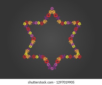 Star of David shape from Hand drawn flowers on Black background