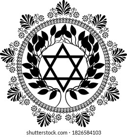 Star of david shape inside mandala of tree with floral round frame motifs