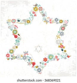 Star of David shaped floral ornament. Greeting Card. Template. Vector illustration