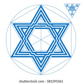 Star of David "Shield of David" ancient symbol, emblem in the form of six-pointed star (hexagram), in which two identical triangles superposed are attached to the sides of a regular hexagon. geometry