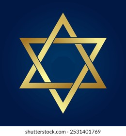 Estrella de David. Icono de signo de escudo. Símbolo del judaísmo, Israel. Icono dorado sobre fondo azul. Ilustración vectorial.