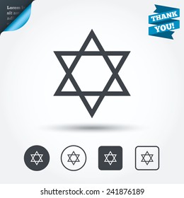 Star of David sign icon. Symbol of Israel. Jewish hexagram symbol. Shield of David. Circle and square buttons. Flat design set. Thank you ribbon. Vector