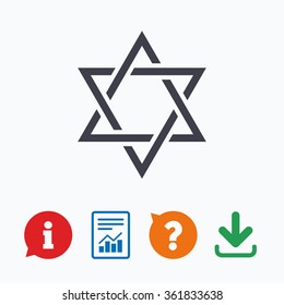 Star of David sign icon. Symbol of Israel. Jewish hexagram symbol. Shield of David. Information think bubble, question mark, download and report.