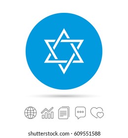 Star of David sign icon. Symbol of Israel. Jewish hexagram symbol. Shield of David. Copy files, chat speech bubble and chart web icons. Vector