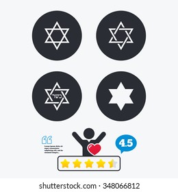 Star of David sign icons. Symbol of Israel. Star vote ranking. Client like and think bubble. Quotes with message.