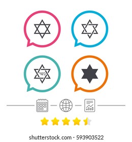 Star of David sign icons. Symbol of Israel. Calendar, internet globe and report linear icons. Star vote ranking. Vector