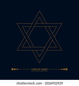 Star of David sign. Six-pointed star icon. Symbol of Judaism. Line art; art deco color. Esoteric; sacred geometry. Vector golden illustration isolated on black background