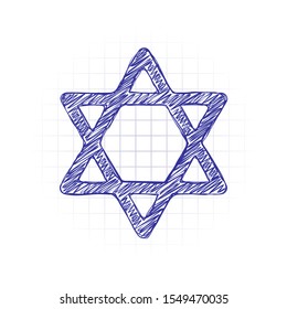 Star of david, simple icon. Hand drawn sketched picture with scribble fill. Blue ink. Doodle on white background