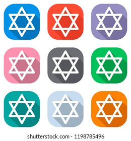 Star of david, simple icon. Set of white icons on colored squares for applications. Seamless and pattern for poster