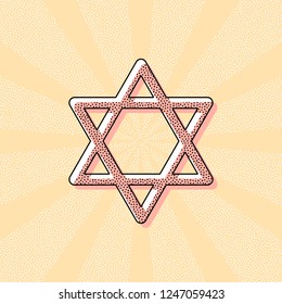 Star of david, simple icon. Vintage retro typography with offset printing effect. Dots poster with comics pop art background