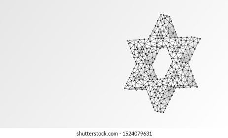 Star of David. Six pointed geometric star, symbol of modern Jewish identity and Judaism Israel. Abstract, digital, wireframe, low poly mesh, vector white origami 3d illustration. Line, dot