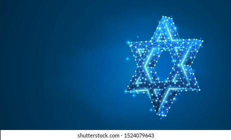 Star of David. Six pointed geometric star, symbol of modern Jewish identity and Judaism Israel. Abstract, digital, wireframe, low poly mesh, vector blue neon 3d illustration. Triangle, line, dot