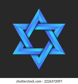 Star of David is a symbol of both Jewish identity and Judaism 3d effect shape. Geometric shape is that of a hexagram the compound of two equilateral triangles blue gradient, creative faceted shape.