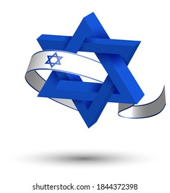 Star of David symbol with festive ribbon in colors of israel flag. Hexagonal star of national flag of Israel. 3D vector