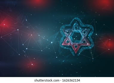 star of david symbol on an abstract gray blue background with red flashes