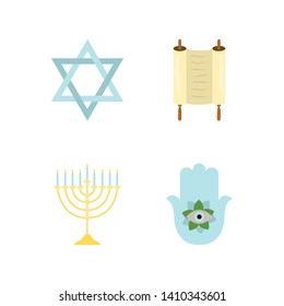 Star of David, Torah, Hamsa hand, Menorah candle candelabrum icon set. Vector icons are isolated on white background. EPS10