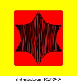 Star of David. Vector. Black scribble icon in red container with rounded corners at yellow background. Isolated.