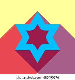 Star of David. Vector. Deep sky blue icon with two flat violet and raspberry semitransparent shadows on canary background.