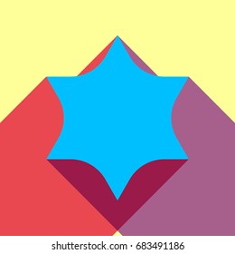 Star of David. Vector. Deep sky blue icon with two flat violet and raspberry semitransparent shadows on canary background.