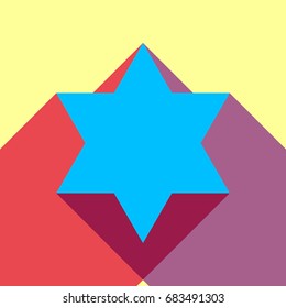 Star of David. Vector. Deep sky blue icon with two flat violet and raspberry semitransparent shadows on canary background.