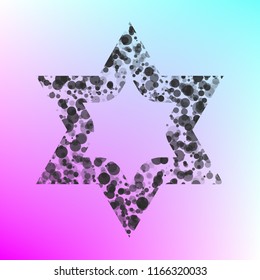 Star of David. Vector. Gray icon with bubbled texture at color background with pink and sky blue corners.