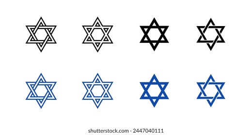 Star of David vector icon set. David Star jewish religious symbol. Judaism sign. Judaism emblem illustration isolated. Collection of blue and black six-pointed hexagrams.