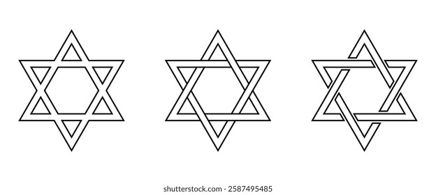 Star of David vector icon set. Jewish religious symbol. Black outline isolated on white background.