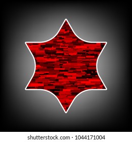 Star of David. Vector. Icon with white contour and texture from red rectangles at grayish background.