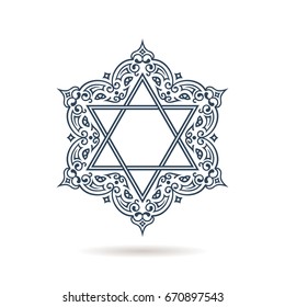 Star of David. Vector Jewish ornament. Blue icon on white background with shadow. Hexagonal emblem with oriental traditional black decor