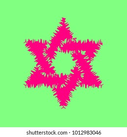 Star of David. Vector. Magenta rough icon on greenish background. Isolated.