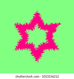 Star of David. Vector. Magenta rough icon on greenish background. Isolated.