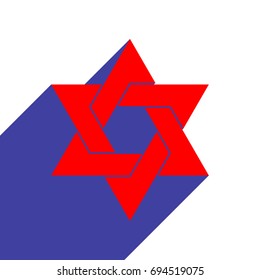 Star of David. Vector. Red flat style icon with dark blue long shadow on white background.