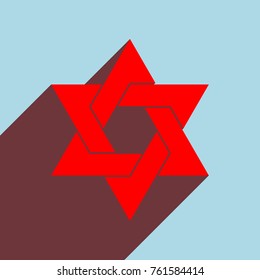 Star of David. Vector. Red flat icon with infinte wine shadow to left down corner at sky background.