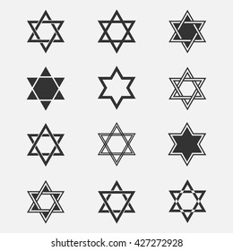 Conjunto vector estrella de David. Colección de estrellas judías aisladas del fondo. Iconos Magen David en un estilo plano. Son diferentes símbolos de la Estrella Negra de David.