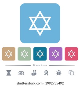 Estrella de los iconos planos blancos de David sobre fondo cuadrado redondeado de color. 6 iconos de bonificación incluidos