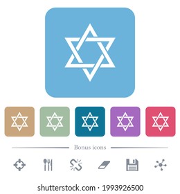 Star of David white flat icons on color rounded square backgrounds. 6 bonus icons included
