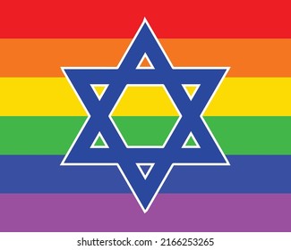 The Star of Davidl in blue and white with LGBT flag rainbow colors as a backdrop
