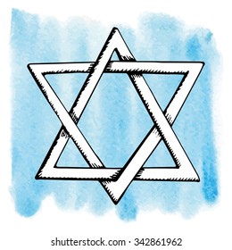 Star of David,symbol of Israel in watercolor splash background.Doodle style ,hand drawig jewish icon.Vector Illustration.Hanukkah Greeting card.Artistic texture.